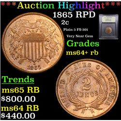 ***Auction Highlight*** 1865 RPD Two Cent Piece 2c Graded Choice+ Unc RB By USCG (fc)