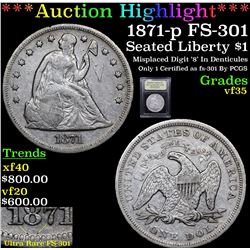 ***Auction Highlight*** 1871-p FS-301 Seated Liberty Dollar $1 Graded vf++ By USCG (fc)