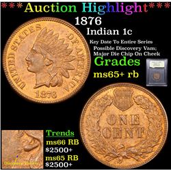 ***Auction Highlight*** 1876 Indian Cent 1c Graded Gem+ Unc RB By USCG (fc)