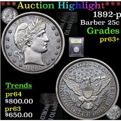 ***Auction Highlight*** 1892-p Barber Quarter 25c Graded Select+ Proof By USCG (fc)