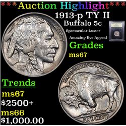 ***Auction Highlight*** 1913-p TY II Buffalo Nickel 5c Graded GEM++ Unc By USCG (fc)