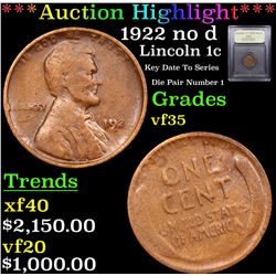 ***Auction Highlight*** 1922 no d Lincoln Cent 1c Graded vf++ By USCG (fc)