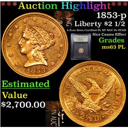 ***Auction Highlight*** 1853-p Gold Liberty Quarter Eagle $2 1/2 Graded Select Unc PL By USCG (fc)