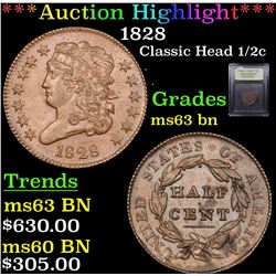 ***Auction Highlight*** 1828 Classic Head half cent 1/2c Graded Select Unc BN By USCG (fc)