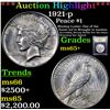 Image 1 : ***Auction Highlight*** 1921-p Peace Dollar $1 Graded GEM+ Unc By USCG (fc)