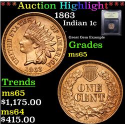 ***Auction Highlight*** 1863 Indian Cent 1c Graded GEM Unc By USCG (fc)