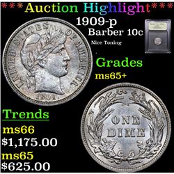 ***Auction Highlight*** 1909-p Barber Dime 10c Graded GEM+ Unc By USCG (fc)