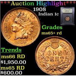 ***Auction Highlight*** 1908 Indian Cent 1c Graded Gem+ Unc RD By USCG (fc)