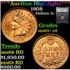 Image 1 : ***Auction Highlight*** 1908 Indian Cent 1c Graded Gem+ Unc RD By USCG (fc)
