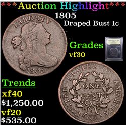 ***Auction Highlight*** 1805 Draped Bust Large Cent 1c Graded vf++ By USCG (fc)