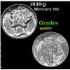 Image 1 : 1939-p Mercury Dime 10c Grades Select+ Unc
