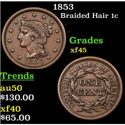 1853 Braided Hair Large Cent 1c Grades xf+