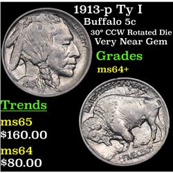 1913-p Ty I Buffalo Nickel 5c Grades Choice+ Unc