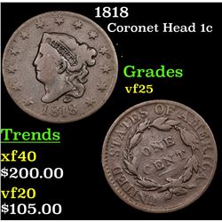 1818 Coronet Head Large Cent 1c Grades vf+