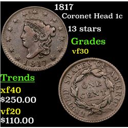 1817 Coronet Head Large Cent 1c Grades vf++