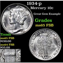 1934-p Mercury Dime 10c Grades GEM FSB