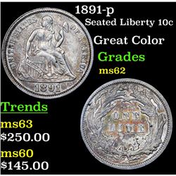 1891-p Seated Liberty Dime 10c Grades Select Unc