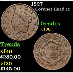 1827 Coronet Head Large Cent 1c Grades vf++