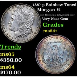 1887-p Rainbow Toned Morgan Dollar $1 Grades Choice+ Unc