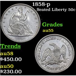 1858-p Seated Half Dollar 50c Grades Choice AU