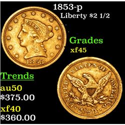 1853-p Gold Liberty Quarter Eagle $2 1/2 Grades xf+