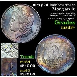1878-p 7tf Rainbow Toned Morgan Dollar $1 Grades Select+ Unc