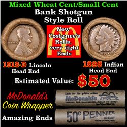 Mixed small cents 1c orig shotgun roll, 1918-d Wheat Cent, 1895 Indian Cent other end