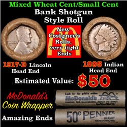 Mixed small cents 1c orig shotgun roll, 1917-d Wheat Cent, 1895 Indian Cent other end