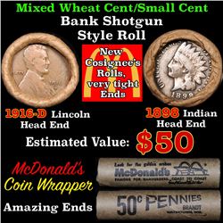 Mixed small cents 1c orig shotgun roll, 1916-d Wheat Cent, 1898 Indian Cent other end
