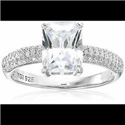 Sterling Silver 7x9mm Emerald Cut Pave Band Engagement Ring Size 6
