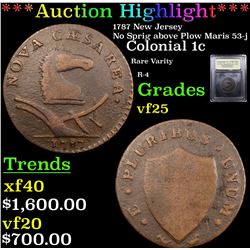 ***Auction Highlight*** 1787 New Jersey No Plow Sprig Maris 53-j Colonial Cent 1c Graded vf+ By USCG