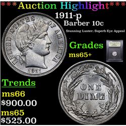 ***Auction Highlight*** 1911-p Barber Dime 10c Graded GEM+ Unc By USCG (fc)