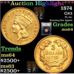 ***Auction Highlight*** 1874 Three Dollar Gold .$3 Graded Choice Unc By USCG (fc)