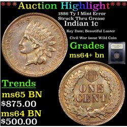 ***Auction Highlight*** 1886 Ty I Mint Error Struck Thru Grease Indian Cent 1c Graded Choice+ Unc BN