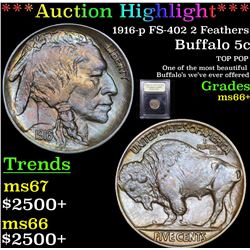 ***Auction Highlight*** 1916-p FS-402 2 Feathers Buffalo Nickel 5c Graded GEM++ Unc By USCG (fc)