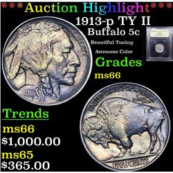 ***Auction Highlight*** 1913-p TY II Buffalo Nickel 5c Graded GEM+ Unc By USCG (fc)