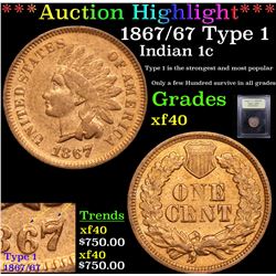 ***Auction Highlight*** 1867/67 Type 1 Indian Cent 1c Graded xf By USCG (fc)