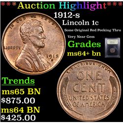 ***Auction Highlight*** 1912-s Lincoln Cent 1c Graded Choice+ Unc BN By USCG (fc)