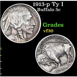 1913-p Ty I Buffalo Nickel 5c Grades vf++