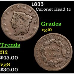 1833 Coronet Head Large Cent 1c Grades vg+