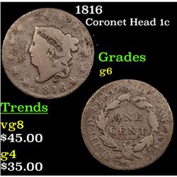 1816 Coronet Head Large Cent 1c Grades g+