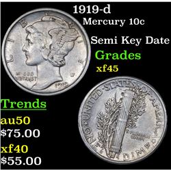 1919-d Mercury Dime 10c Grades xf+