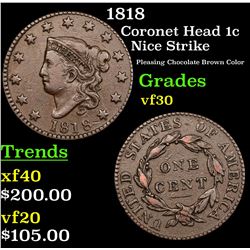1818 Coronet Head Large Cent 1c Grades vf++