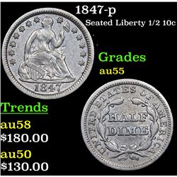1847-p Seated Liberty Half Dime 1/2 10c Grades Choice AU