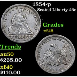 1854-p Seated Liberty Quarter 25c Grades xf+