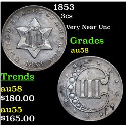 1853 Three Cent Silver 3cs Grades Choice AU/BU Slider