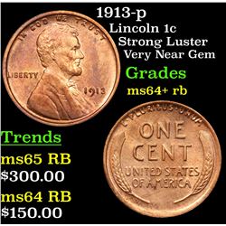 1913-p Lincoln Cent 1c Grades Choice+ Unc RB