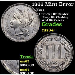 1866 Mint Error Three Cent Copper Nickel 3cn Grades Choice+ Unc
