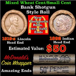 Mixed small cents 1c orig shotgun roll, 1919-s Wheat Cent, 1892 Indian Cent other end