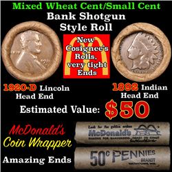 Mixed small cents 1c orig shotgun roll, 1920-d Wheat Cent, 1892 Indian Cent other end